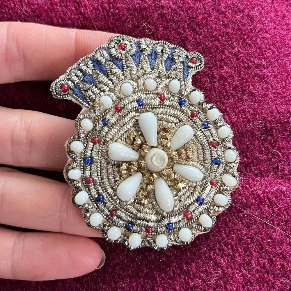 VTG Bullion Embroidery Brooch Red White Blue Beaded India Pin